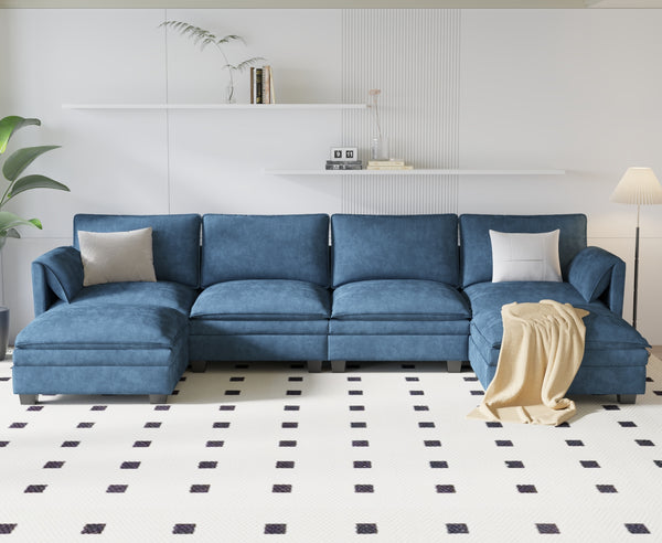 English Elm 141.5'' Large U-Shaped 6-Seater Sofa With Movable Ottoman, Modern Fabric Couch For Ultimate Comfort W680S00042