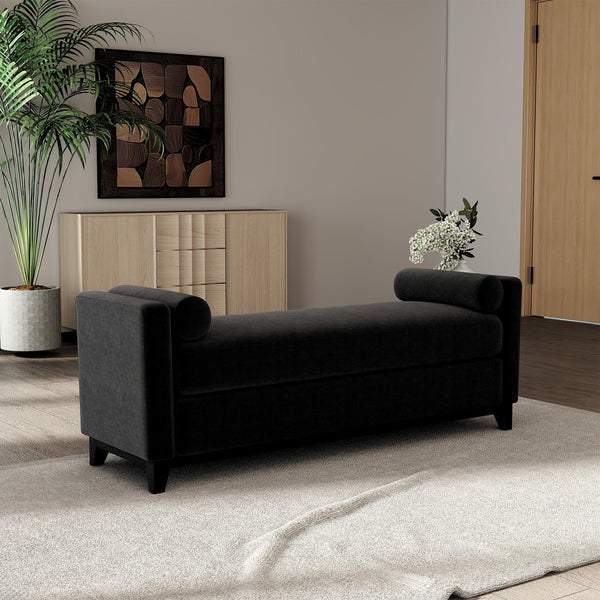 English Elm 66.34 Inch Sherpa Fleece Bench with Fluted Wood Legs Bolster Pillows Mid-century Lounge Black W1658P445921