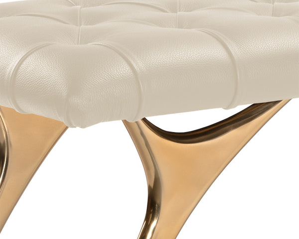 Sunpan Taylen Bench - Elegant Sculptural Design with Gold Aluminum Base and Genuine Leather Tufted Seat Cream Leather