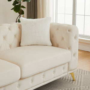 English Elm Fx Velvet Chesterfield Sofa Button Tufted Diamond Quilted Design with Accent Pillows Beige W1926S00077