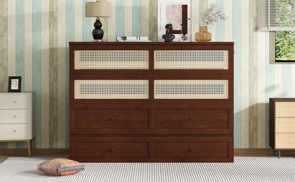 English Elm Queen Size Murphy Bed - Stylish Walnut Pine Cabinet With Rattan Accents & Full-Width Storage Drawer W504S00231-GIGA