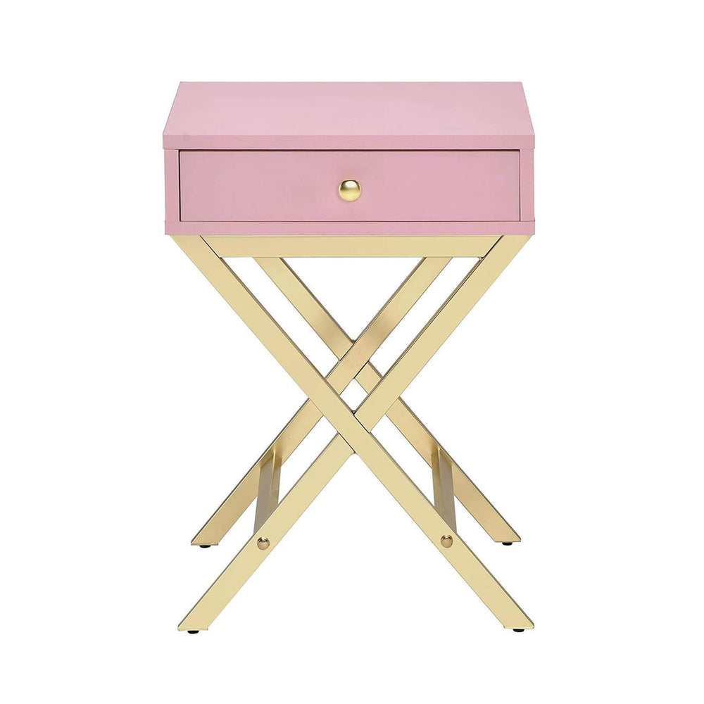 English Elm Rectangular Industrial Wooden Top End Table with Weathered Oak Finish and Sturdy Metal Legs Gold,Pink B016P311132