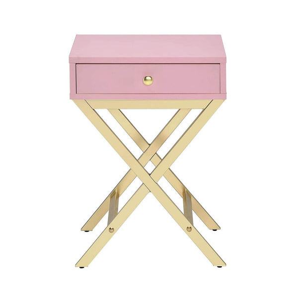 English Elm Rectangular Industrial Wooden Top End Table with Weathered Oak Finish and Sturdy Metal Legs Gold,Pink B016P311132