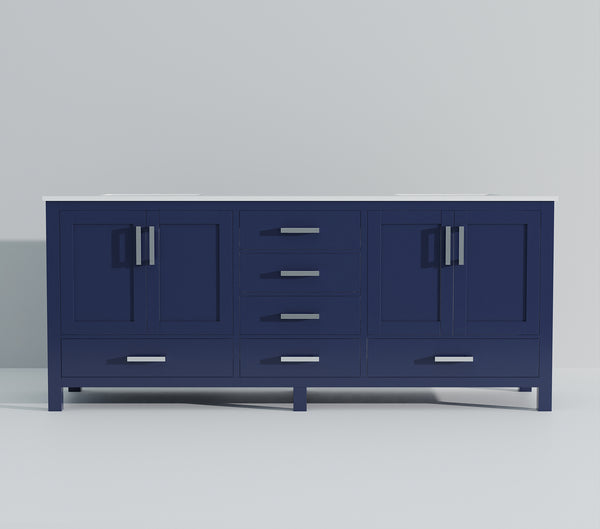 English Elm Navy Double Bath Vanity 84" W x 22" D with White Quartz Top – Solid Wood, Soft-Close, 14 Drawers B2731P258990