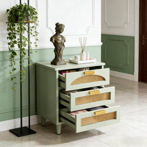 English Elm Rattan Three Drawer Nightstand Hand Woven Farmhouse Accent Table for Bedroom or Living Room T3971P453647