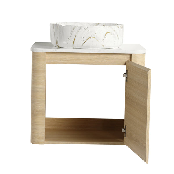 English Elm 24'' Sleek Wall-Mounted Bathroom Vanity With Ceramic Vessel Sink & Soft-Close Door For Small Spaces W999S00459