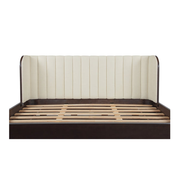 English Elm Scarlette Upholstered Sleigh Queen Bed Cream Polyester Headboard Dark Birch Frame B2769S00003