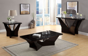 English Elm Contemporary High Gloss End Table with Black Tempered Glass & Geometric Metal Base, Modern Accent Piece B2741P360139