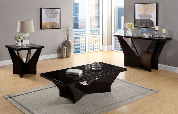 English Elm Contemporary High Gloss End Table with Black Tempered Glass & Geometric Metal Base, Modern Accent Piece B2741P360139
