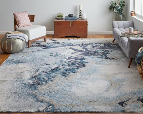 Feizy Rugs Astra Abstract Watercolor Rug – Elevate Your Space With Luxurious Metallic Designs And Soft Texture Blue,Gray,Ivory Polyester,Polypropylene Ara39l4fgrynvyf00