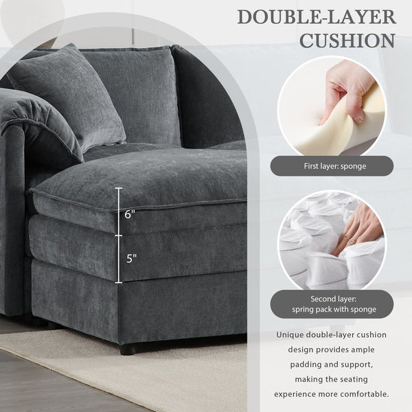 English Elm [video]136" Chenille U-shaped Sectional Six Seat Cloud Sofa with Movable Ottomans Dark Gray N723S1687B