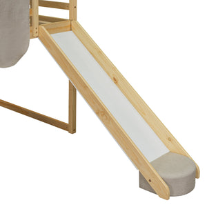 English Elm Twin House Loft Bed with Tent Canopy Slide and Shelves Pinewood Kids Frame Natural LT000682AAD