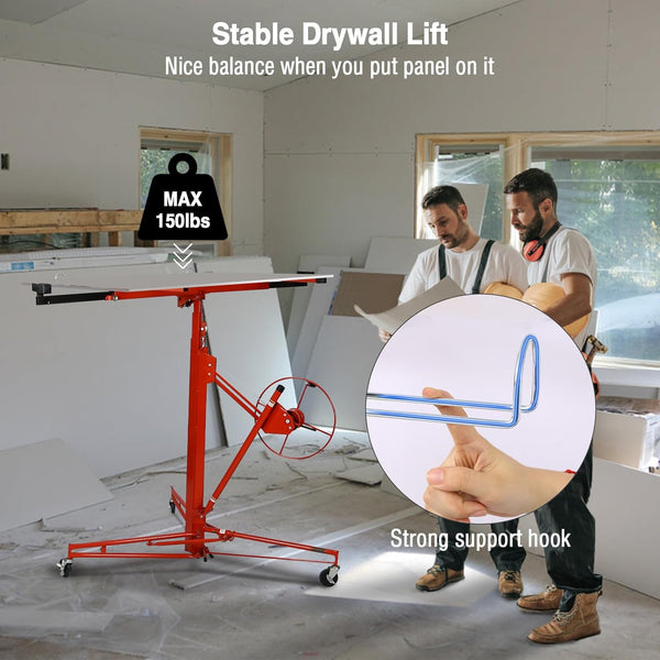 English Elm Drywall Hoist 11 Foot Steel Panel Lift with Telescopic Arm Winch and Locking Casters Red W2069P293024