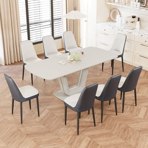 English Elm 62.99-78.74" Expandable Farmhouse Dining Set 9 Piece Mdf Table with 8 Pu Leather Chairs Blue+Grey,White W2189S00856