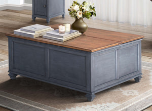 English Elm 40 inch Lift-Top Coffee Table Corduroy Blue Finish, Solid Rubberwood, Hidden Storage, Ready-to-Use B108P193077