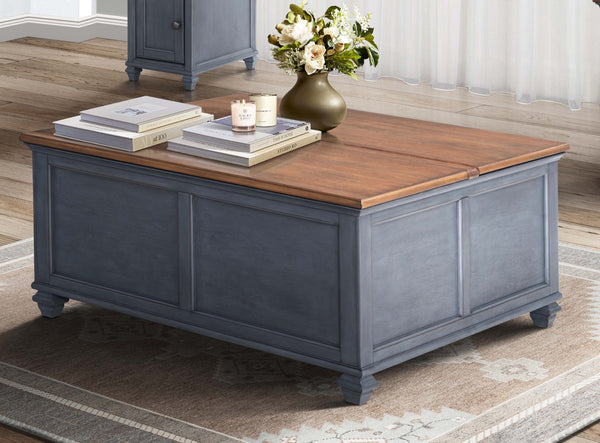 English Elm 40 inch Lift-Top Coffee Table Corduroy Blue Finish, Solid Rubberwood, Hidden Storage, Ready-to-Use B108P193077