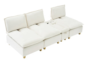 English Elm 104-inch pumpkin flannel three-seater sofa with storage cabinet, cup holders, adjustable backrest, comfy modern design Beige W1658S00096