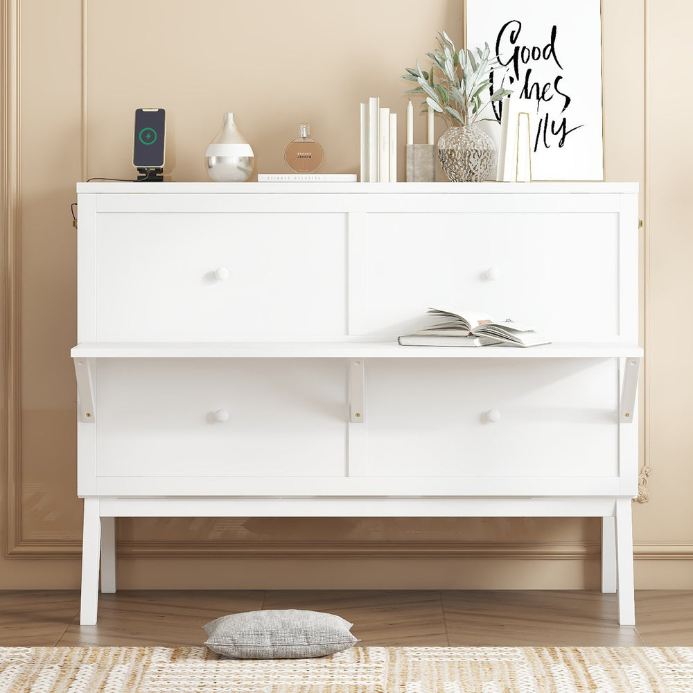 English Elm Full Size Murphy Cabinet Bed Solid Pine with Usb Charging Desk Home Office W504S00166
