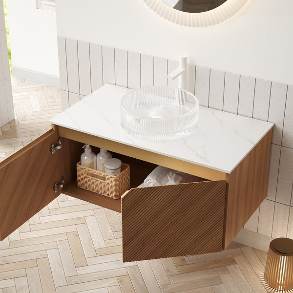 English Elm RUBEN 36" Bathroom Vanity with High-Hardness Marble Ceramic Basin, Twill Wood Doors & Soft-Close SystemRUBEN 36" Bathroom Vanity with High-Hardness Marble Ceramic Basin, Twill Wood Doors & Soft-Close System Brown Oak,Carrara White,Transparent W2615S00322