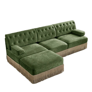 English Elm 3-seater Velvet Modular Sectional with Button Tufting Tassel Skirt and Wooden Base Green W714S01706