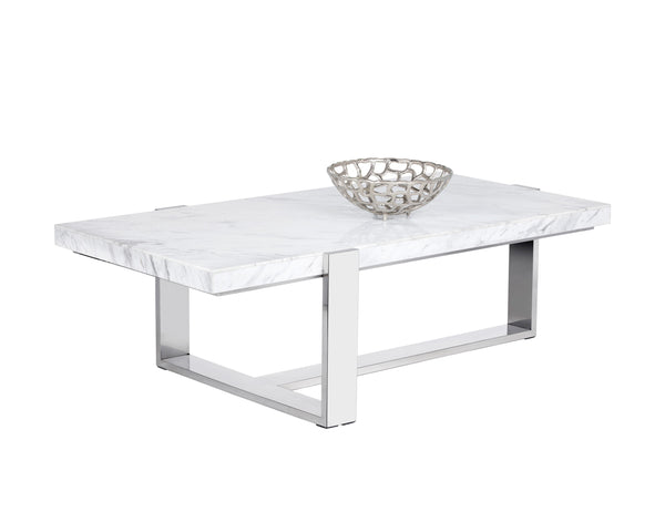 Sunpan Tribecca Marble Coffee Table - Elegant White Design with Stainless Steel Base for Modern Living Spaces