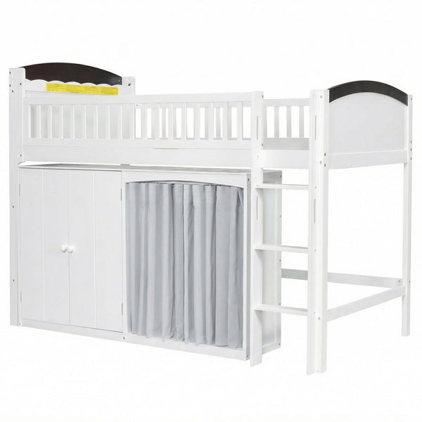 English Elm Twin Loft Bed with Wardrobe Cabinet Led Lighting and Pine Frame for Kids Rooms White N7090002235K