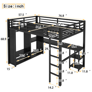 English Elm Full Size Loft Bed Frame With Wardrobe, Desk & Storage Shelves - Modern Black Metal Design W1580S00120