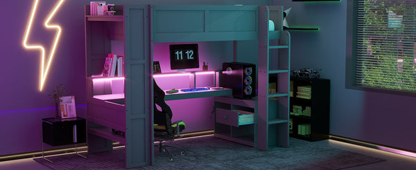 English Elm Wood Twin Loft Bed with Desk Led Lighting Charging Ports and Multi-zone Storage SM000373AAE