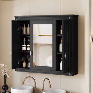 English Elm Bathroom Wall Cabinet with Mirror and 5 Shelves — Wall-Mounted Medicine Cabinet, Modern Storage Solution Black N710P252503B