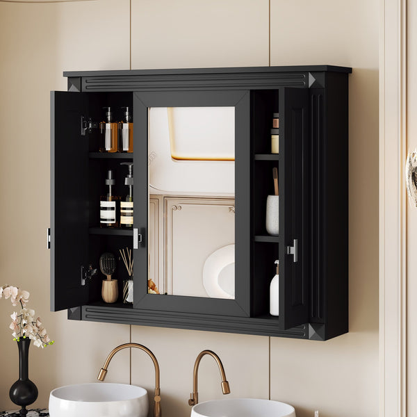 English Elm Bathroom Wall Cabinet with Mirror and 5 Shelves — Wall-Mounted Medicine Cabinet, Modern Storage Solution Black N710P252503B