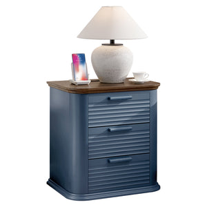 English Elm 22" Fluted Wood Nightstand with Built-in Charging Station Three Drawer Bedside Storage Navy Blue T5326P431149