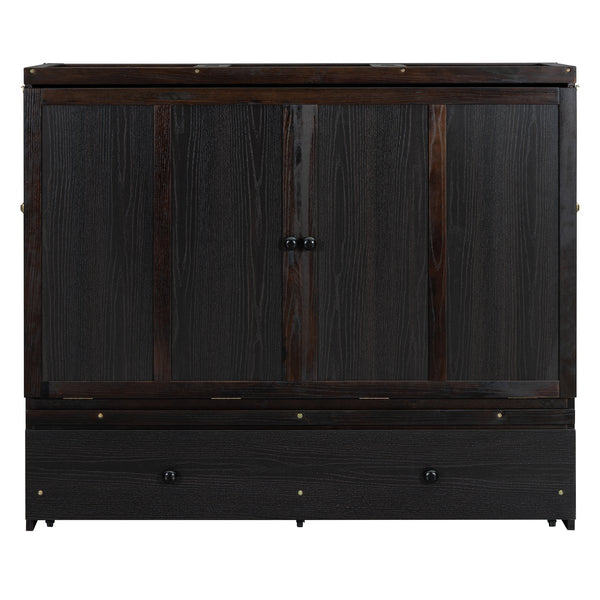 English Elm Full Size Wall Murphy Bed Cabinet with Storage Drawer and Built-in Usb Charging Espresso N708P205903P