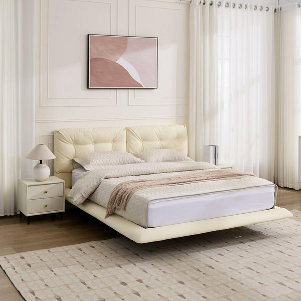 English Elm Christopher Knight Home® - Queen Plush Leather Upholstered Bed Frame with Wingback Headboard, Wavy Footboard, Quiet Support White 37.59 L x 32.25 W x 13 H N761S0000022W