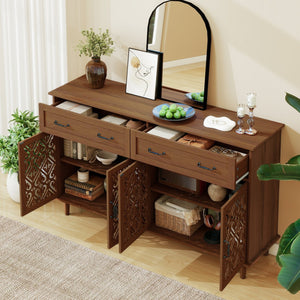 English Elm 4 Door Sideboard Buffet with Hand Carved Geometric Panels Black Oak Finish Raised Legs W688P359947