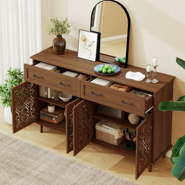 English Elm 4 Door Sideboard Buffet with Hand Carved Geometric Panels Black Oak Finish Raised Legs W688P359947