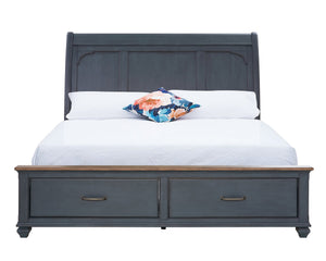 English Elm King King Size Sleigh Bed Corduroy Blue Finish with USB Ports, Storage Footboard, Coastal Charm and Durable Rubberwood Craftsmanship B108S00029