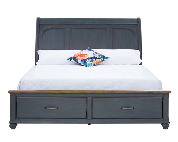 English Elm Queen Sleigh Bed with Corduroy Blue Finish, USB Headboard, Storage Footboard, Rustic Coastal Charm B108S00030