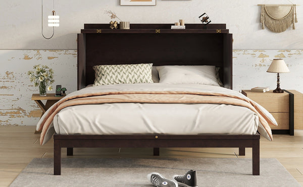 English Elm Queen Size Murphy Bed – Elegant Pine Wood Cabinet With Power Station & Rattan Accents, Espresso Finish W504S00235-GIGA