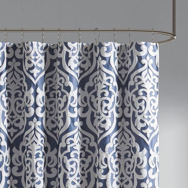 JLA Home Madison Park - Jacquard Silver Medallion Shower Curtain — Textured Damask Weave, 72x72 Durable Machine-Washable Navy/Silver MP70-6876