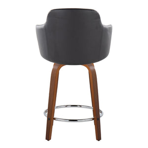 English Elm 24" Swivel Counterstools Walnut Base Faux Leather Bucket Seat Chrome Footrest Pair B202S00009