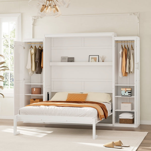 English Elm Full Full Size Murphy Bed with Two Wardrobes and Foldable Platform, Space-Saving Modern Guest Solution White 84.9 L x 12 W x 7 H N733S235596K