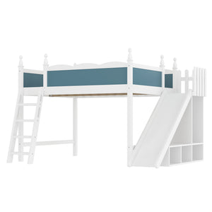 English Elm Queen Solid Pine Loft Bed with Wardrobe Shelves Detachable Slide and Dual Sleeping Zones Blue,Off White W5305S00029