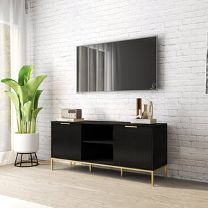 English Elm Modern Wave Door Media Console with Gold Legs Soft Close Hinges and Open Shelf W3151P407896