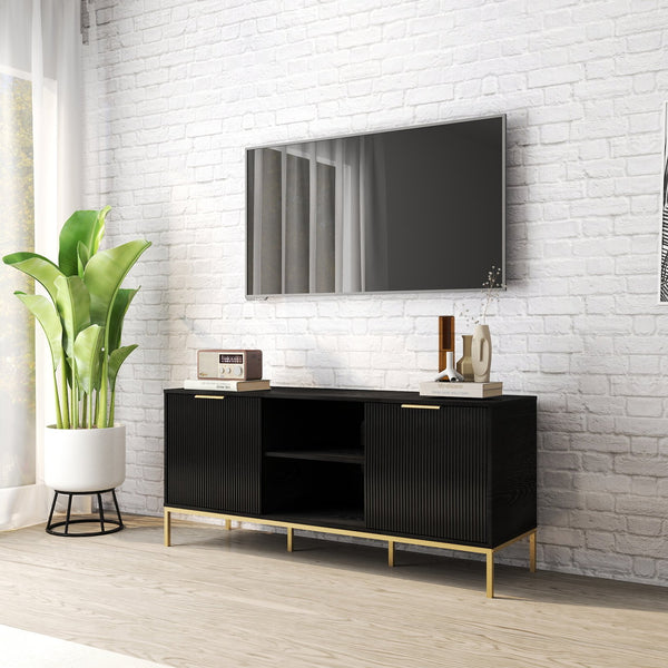 English Elm Modern Wave Door Media Console with Gold Legs Soft Close Hinges and Open Shelf W3151P407896