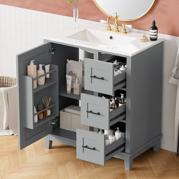 English Elm 30-inch Modern Bathroom Vanity with Ceramic Basin, Rubberwood Frame, Soft-Close Drawers & Organized Storage Grey N729P290689E
