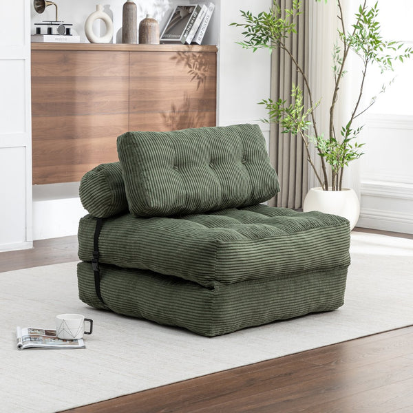 English Elm Folding Floor Sofa Bed Convertible Sleeper Chair with Shredded Foam Corded Fabric Green W2200P442796