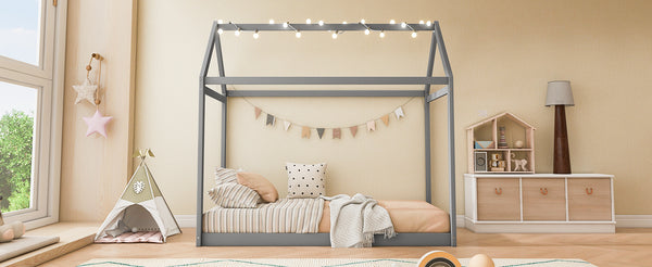 English Elm Twin House Bed Pine Wood Frame with Peaked Roofline Low Profile Kids Bedroom WF197557AAE