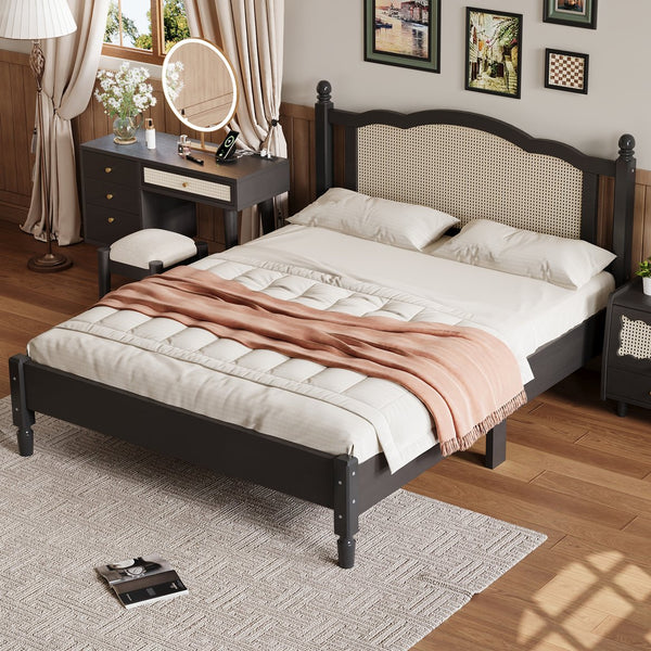 English Elm Queen Arched Rattan Headboard Platform Bed Matte Pine Frame No Box Spring Needed Black N733P180013B