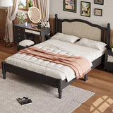 Queen Size Wooden Platform Bed with Natural Rattan Headboard, Vintage Frame, Black