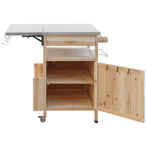 English Elm K&K 40.5" Outdoor Grill Cart with 201 Stainless Top, Solid Fir Storage, Drop Leaf & Lockable Wheels Natural N707P228272Y